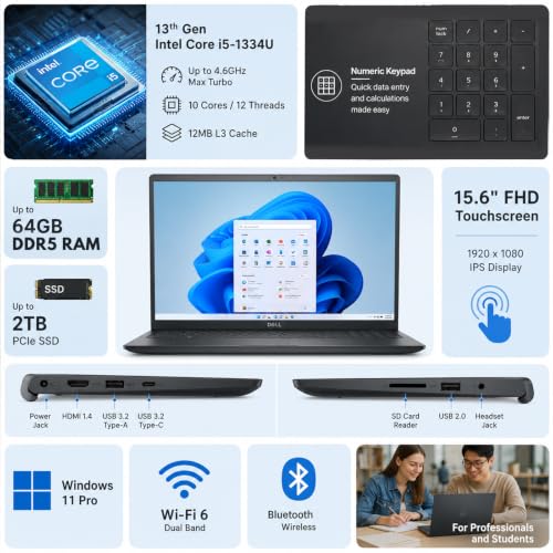 Image of Dell 15 Touchscreen Laptop, Intel i5-1334U, 16GB DDR5 RAM, 512GB SSD | 15.6 inch FHD Anti-Glare LED Display | Intel Graphics | Windows 11 Pro | Wi-Fi 6 | Business Laptop for Work, Study