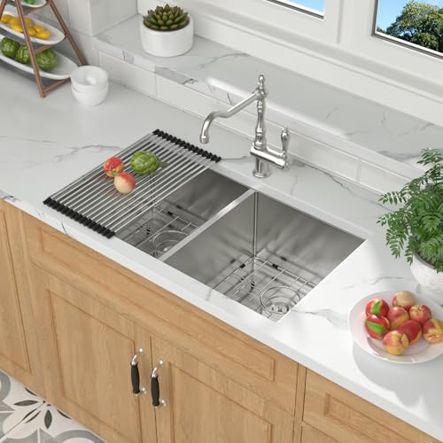 Mocoloo-33-Undermount-Sink-Double-Bowl-33×19-Inch-16-Gauge-Stainless-Steel-Double-Bowl-6040-Under-Counter-Kitchen-Sinks-Handmade-Basin Mocoloo 33 Undermount Sink Double Bowl 33×19 Inch 16 Gauge Stainless Steel Double Bowl 6040 Under Counter Kitchen Sinks Handmade Basin