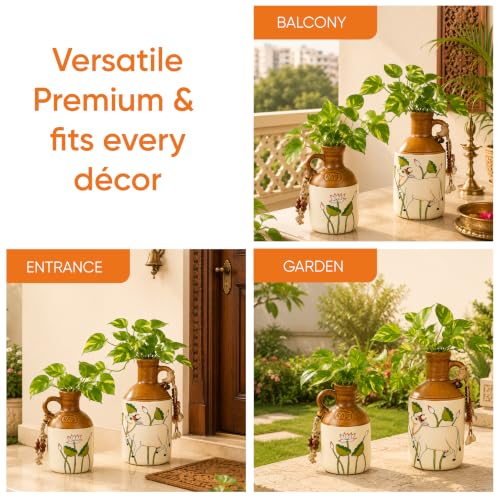 Image of AAKRITI ART CREATIONS Ceramic Planter Bottles Set of 2 | Pichhwai Art, Off-White Glossy Finish | Decorative Vases for Home Decor | Flower Pots & Tabletop Decor for Living Room