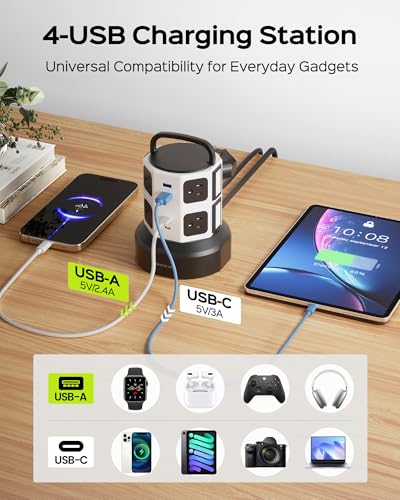 JACKYLED Power Strip Tower Surge Protector, 8 AC 4 USB (2 USB C), 1050J, 6.5Ft Retractable Extension Cord, 1625W/13A Outlet Extender, USB Charging Station for Home Office Dorm miniatura 6