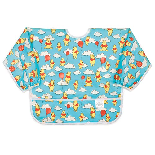 Image of Bumkins Disney Bibs, Baby and Toddler Girls and Boys 6-24 Months, Long Sleeve, Essential Must Have for Eating, Feeding, Mess Saving Lightweight Waterproof Fabric Sleeved Smock, Winnie the Pooh Balloon