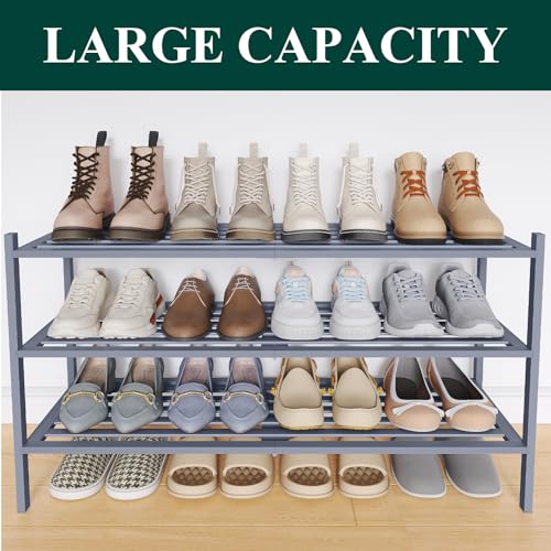 Image of Smiry Bamboo Shoe Rack, 5 Horizontal Slats, 3 Tier - 33.9 inch Wide, Grey