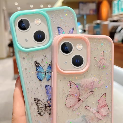 Image of VONZEE for iPhone 13 Clear Glitter Butterfly Case, Cute Bling Sparkle Shiny Soft TPU Bumper Shockproof Women Girls Slim Protective Phone Cover for iPhone 13 6.1 inch,Mint Green