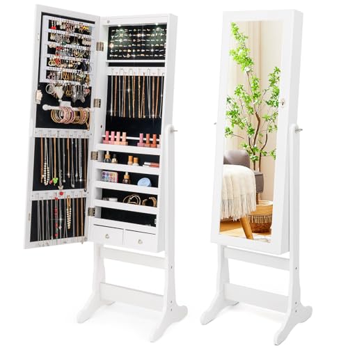 LOKO Freestanding Jewelry Armoire Cabinet, Lockable Jewelry Organizer with Full-length Mirror, Inner LED Lights, 4 Adjustable Tilt Angles, Anti-toppling Device, for Girls Women (White)