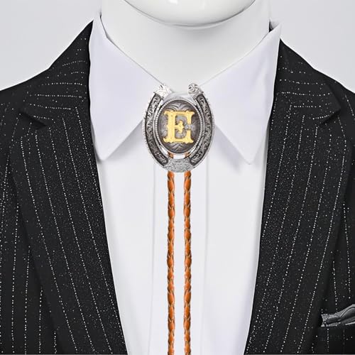 Image of Vintage Western Cowboy Monogram Initial Letter Bolo Tie for Men | Premium brown braided leather, adjustable sliding clasp, anti-tarnish alloy pendant, versatile A-Z western bolo tie