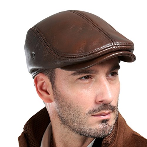 VEMOLLA Men's Real Cowhide Leather Beret Hunting Cap Beanie Trucker Cap Mens Sports Hat