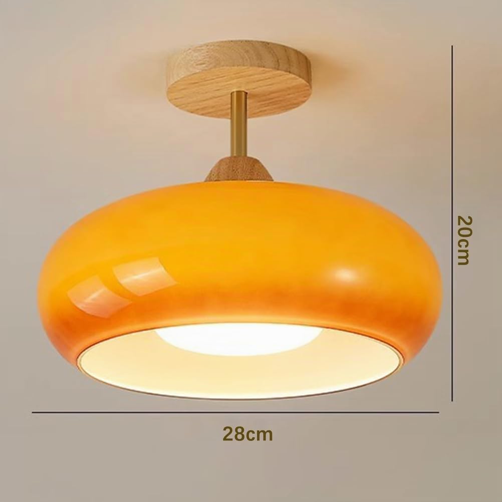 OOWOKS Retro Deckenleuchte Glas Vintage – E27 Deckenlampe Rund aus Holz mit Orange Lampenschirm und kurzem Metallstab, halbbündige Mid Century Leuchte für Wohnzimmer, Schlafzimmer, Küche, Flur