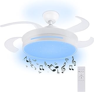 Plafonnier LED Ventilateur De Plafond Avec Télécommande, 36W Ventilateur de plafond avec Lames Rétractables, Ventilateur Dimmable Avec Bluetooth Haut-parleur, Moteur Silencieux, pour Chambre Salon