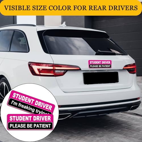 Image of NIMONA Student Driver Magnet for Car - Funny 2 Pack Please Be Patient Removable Magnetic Bumper Sticker Set - Reflective New Driver Safety Sign - Weather-Resistant - 10 x 4 inch (Pink)