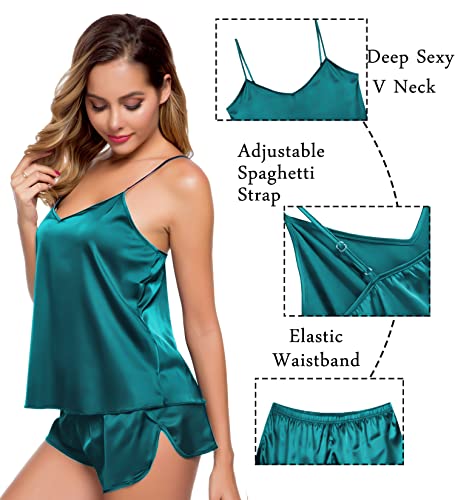 Image of SWOMOG Womens Silk Satin Pajamas Sets 4pcs Sleepwear Sexy Cami Shorts Set and Button Down Short Sleeve Pjs Loungewear