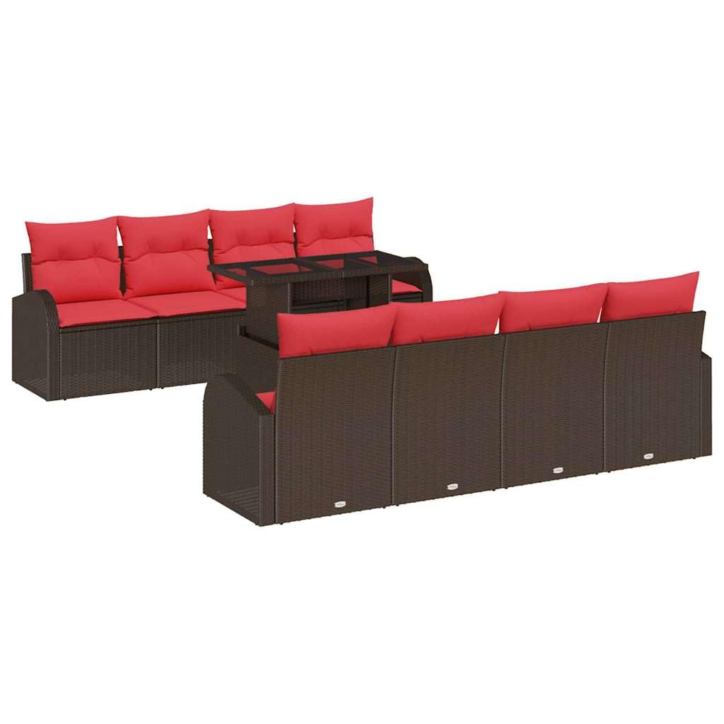 Juego de 9 sofás de jardín, muebles de jardín de polirratán marrón, sofá esquinero modular con mesa y cojín de asiento, cómodo grupo de asientos para jardín, terraza, exterior, 234 x 179 x 85
