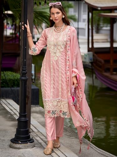 Image of INDO ERA Womens Organza Embroidered Straight Kurta Pant Dupatta Set (IEOUT10618)
