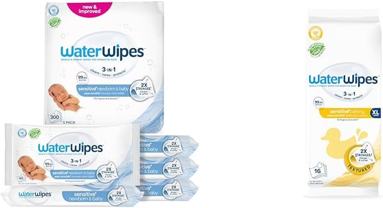 Bundle, Original 300 Count (5 packs) & XL Bathing Wipes 16 Count (1 pack), Plastic-Free, 99.9% Water Based Wipes, Unscented, Hypoallergenic for Sensitive Skin, Packaging May Vary