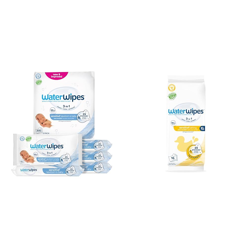 Bundle, Original 300 Count (5 packs) & XL Bathing Wipes 16 Count (1 pack), Plastic-Free, 99.9% Water Based Wipes, Unscented, Hypoallergenic for Sensitive Skin, Packaging May Vary