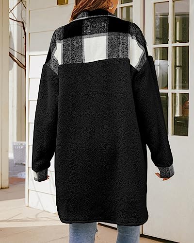 FSHAOES Womens Winter Coats Fuzzy Fleece Jacket Shacket Plaid Lapel Button Down Flannel Shirt Lightweight Outwear - image 2