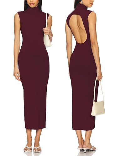 Capuffy Womens Sleeveless High Neck Backless Fitted Midi Dress Elegant