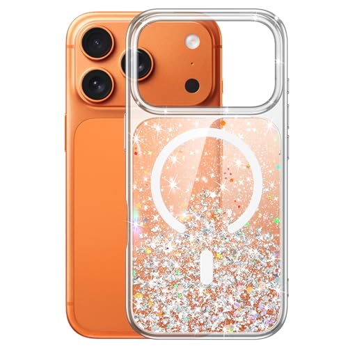 JETech Funda Glitter para iPhone 17 Pro MAX 6,9 Pulgadas Compatible con MagSafe, Claro Lindo Bling Brillo para Mujeres y Niñas, Carcasa Brillante Magnética Antigolpes Sparkly (Naranja)