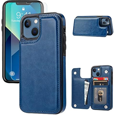 JOYAKI Wallet Case Compatible with iPhone 13,Slim Protective case with Card Holder,PU Leather Kickstand Card Slots Case with a Free Screen Protective Glass for iPhone 13(6.1")-Deepblue Cover