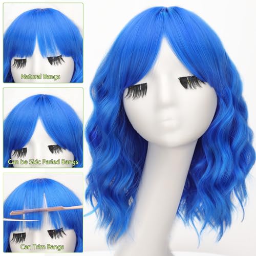 Image of AISI HAIR Blue Synthetic Wavy Curly Bob Wig with Bangs Short Wavy Hair for Women Synthetic Heat Resistant Bob Wigs
