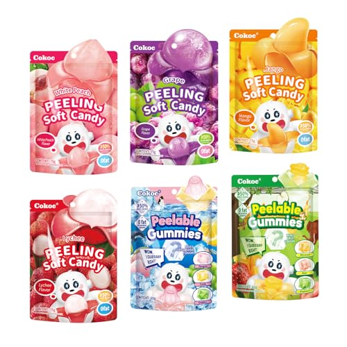 COKOC Peelable Gummy Variety Pack - 6 Individual Packs Featuring Peeling Mango, Grape, White Peach, Lychee,Strawberry,Apple& Lemon Burst Flavors,Perfect for Christmas Stocking Stuffers, Holiday Parties & Everyday Snacking