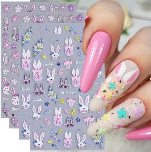 4 Sheets Easter Art Nail Stickers, 5D Embossed Cute Rabbit Flower...