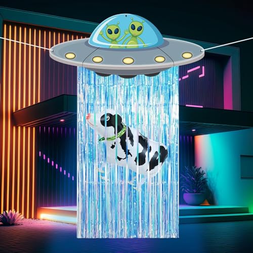 Alien Door Curtains with Tinsel Foil Fringe Curtain Cow Balloon Alien Spacecraft Party Decorations UFO Spacecraft Birthday Decorations Flying Saucer Spaceship Hanging Banner for Space Halloween Party