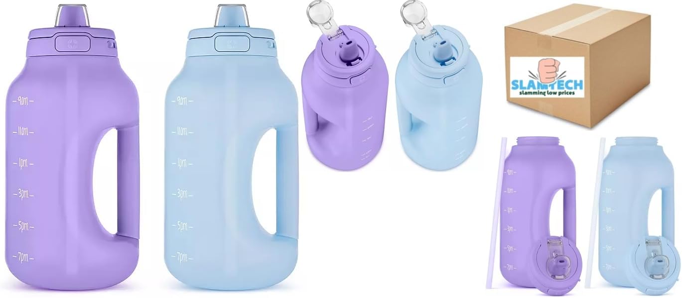 Ello Hydra1.8L Half Gallon Water Jug with Handle and Motivational Time Markers Plastic Water Bottle with Straw and Locking, Leak Proof Lid, BPA Free (Pack of 2) Sold (Purple & Blue)