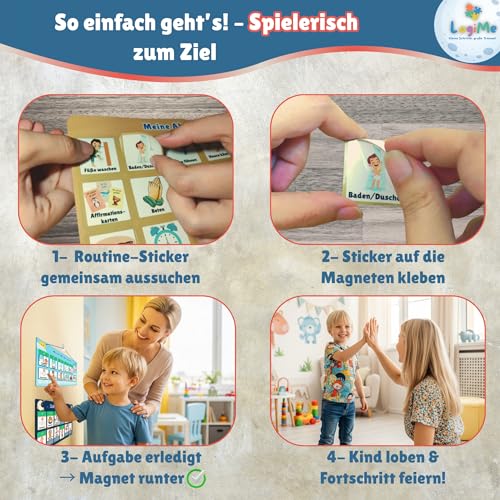 𝐋𝐨𝐠𝐢𝐌𝐞® Morgenroutine und Abendroutine [inkl. 108 Routinen] Kinder Plan Magnetisch – Montessori Tagesplaner - Routine Planer für Morgen & Abend – Routineplaner – Routinchen Tagesplan zum Klappen