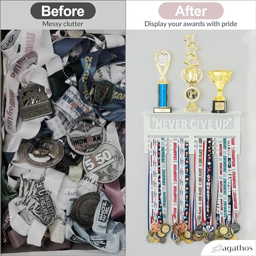 Never Give Up Medal Hanger Display with Trophy Shelf - Easy Install White Medal Awards Display for Walls Holds 64+ Sports Medals - Our Medal Holder Rack Includes 10 Inspirational Stickers (White)