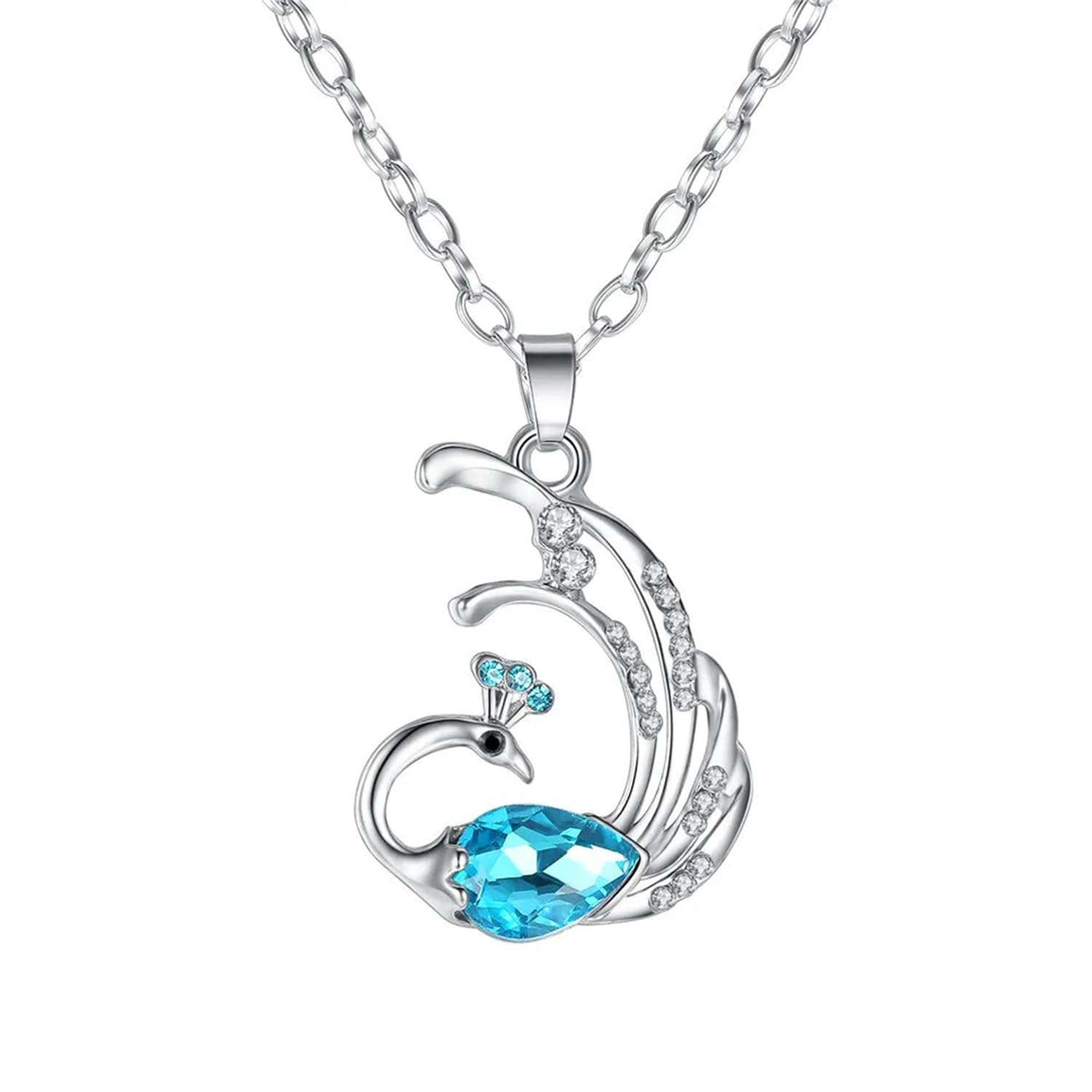 Dancing Peacock-Shaped Pendant Necklace with Aqua Blue and White Crystals for Women (PS1101885R)