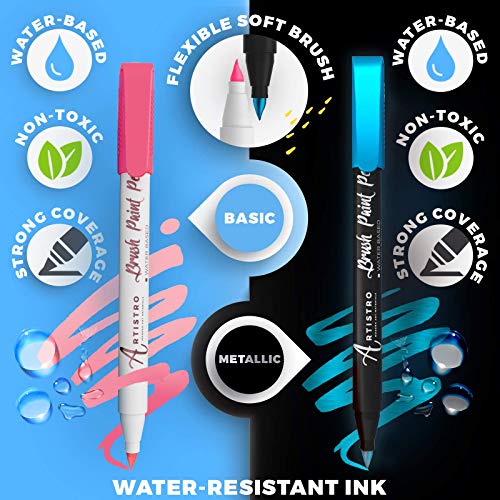 Artistro 16 Acrylic Paint Pens Brush Tip And 30 Acrylic Paint Pens Extra Fine Tip, Bundle For Calligraphy, Scrapbooking, Brush Lettering, Card Making, Sketching, Black Paper, Rock Painting, Ceramics #TOP4