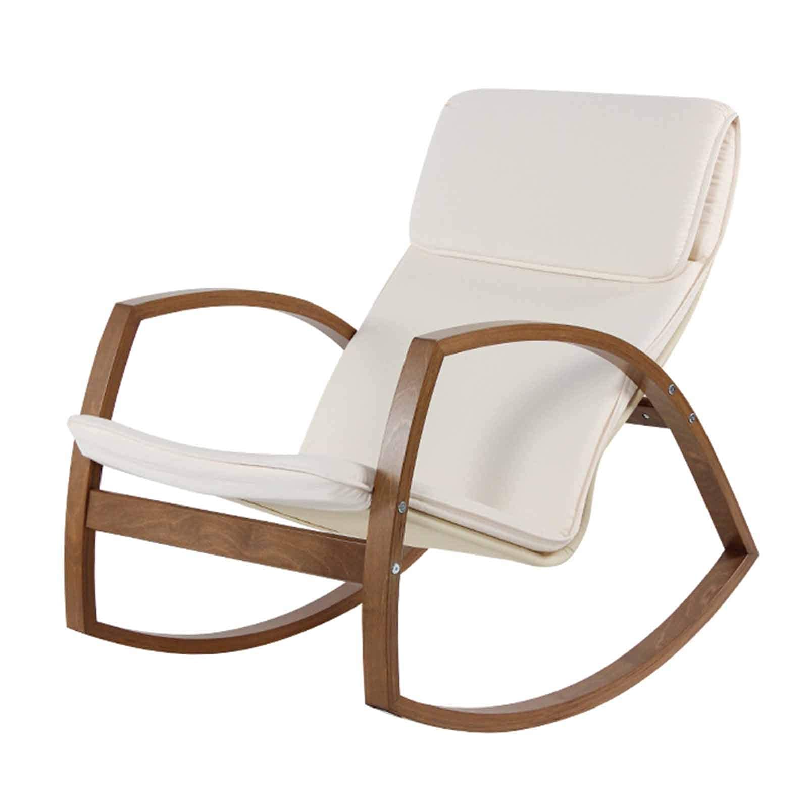 Chaise à bascule en bois robuste MU avec accoudoir et grand coussin blanc pour porche