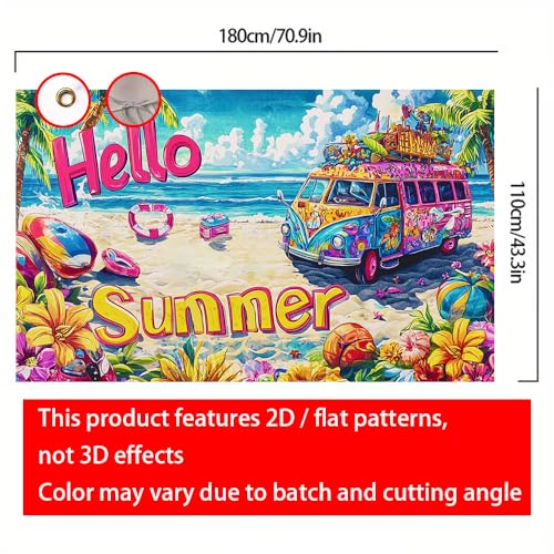 Image of 71x43 Inch Hello Summer Banner Retro Camper Van Beach Backdrop Floral Tropical Yard Decorations Seasonal Outdoor Decor Fence Sign