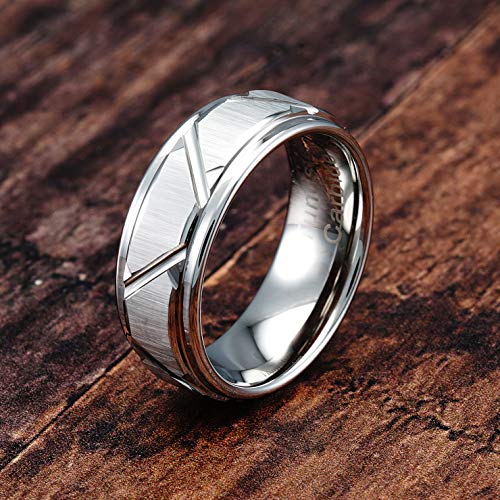 100S JEWELRY White Gold Tungsten Rings Angled Groove Lines Men Wedding Bands Step Edge Promise Engagement Size 6-16 (Tungsten, 8) by 100S JEWELRY - Used condition - Image 2