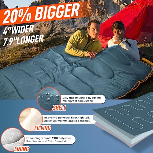 Image of MEREZA Double Sleeping Bag for Adults Mens with Pillow, XL Queen Size Two Person Sleeping Bag for All Season Camping Hiking Backpacking 2 Person Sleeping Bags for Cold Weather & Warm