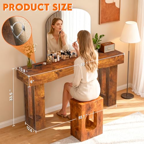 Image of 63 Inch Long Entryway Table Hollow, Wooden Console Table with Socket Farmhouse Sofa Table for Entrance, Hallway, Living Room,Behind Couch(Rustic Brown)