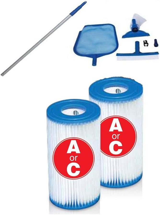 Intex Pool Cleaning Vacuum Skimmer & Pole Set + Type A or C Filter Cartridges