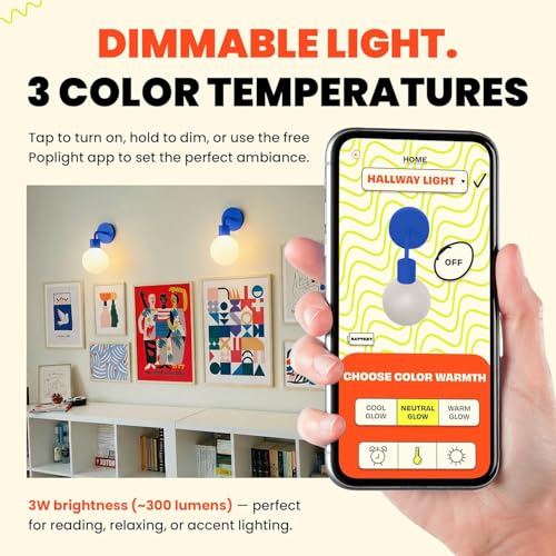 Image of Poplight Wireless Wall Sconce (Shark Tank) Rechargeable & Dimmable LED Light w /App Control & Damage-Free Install, Moveable Modern Ambient Lighting for Elegant Home & Bedroom Decor | Blue
