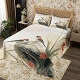 Chinesische Art Bettdecke L Größe, Vögel Rote Blumen Grüne Blätter Quilt Set mit 2 Kissenbezügen, Chinesische traditionelle Tinte Malerei Mikrofaser Coverlet Set für Kinder Erwachsene, Atmungsaktiv