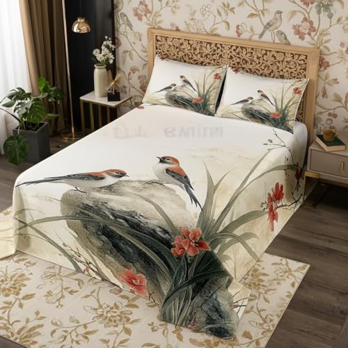 Chinesische Art Bettdecke L Größe, Vögel Rote Blumen Grüne Blätter Quilt Set mit 2 Kissenbezügen, Chinesische traditionelle Tinte Malerei Mikrofaser Coverlet Set für Kinder Erwachsene, Atmungsaktiv
