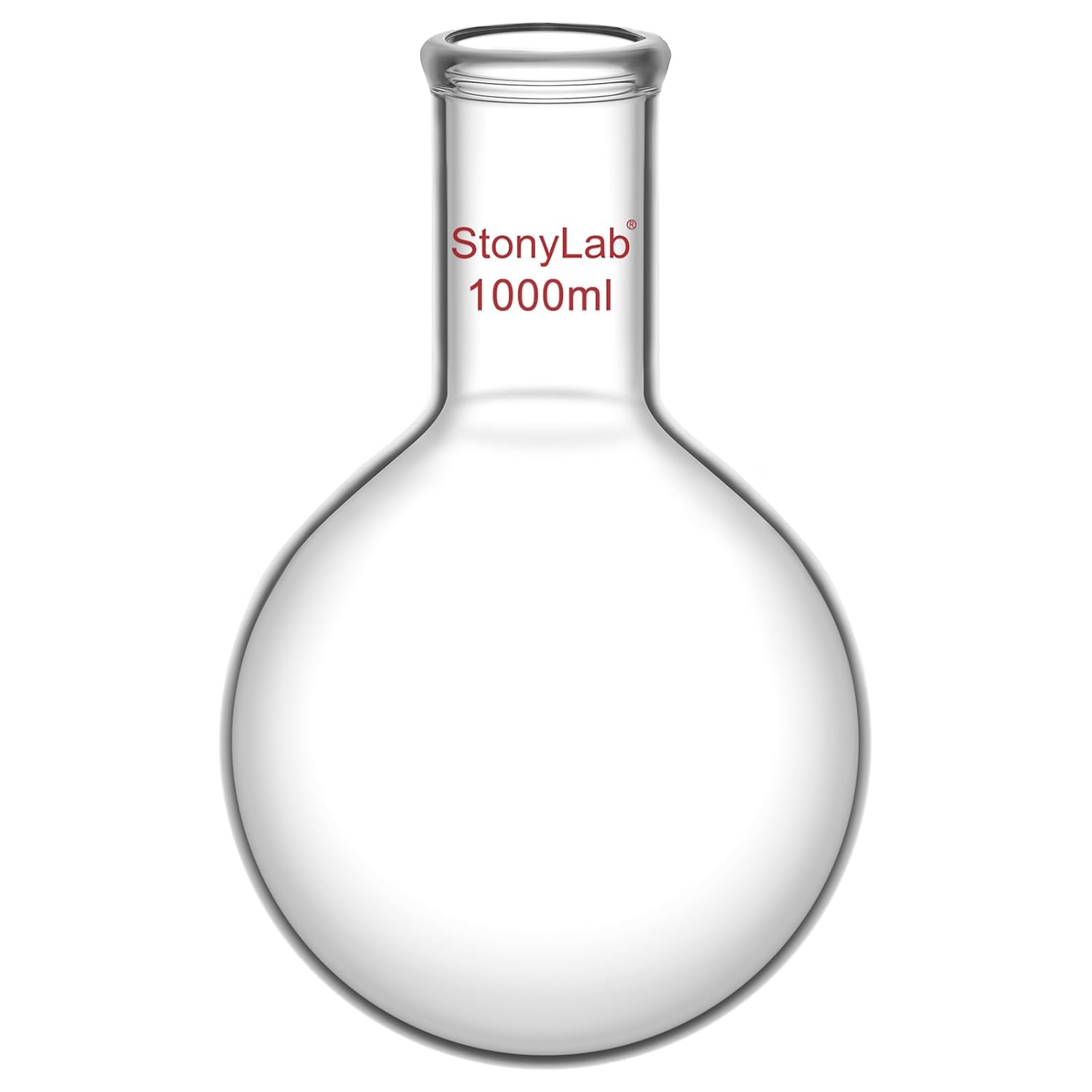 StonyLab Glass 1000ml Long Neck Round Bottom Flask, Borosilicate Glass Heavy Wall Round Bottom Boiling Flask RBF with Long Neck - 1000ml (1L)