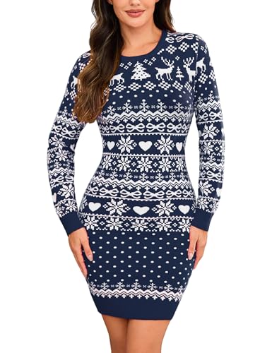 Wayleb Damen Strickkleid Weihnachten Rundhals Langarm Modisch Enger Pulloverkleid Festlich Winter, Navy blau M