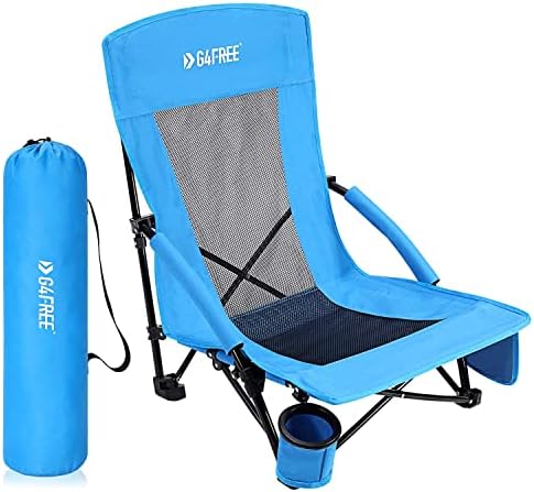 G4Free Low Sling Beach Chair, Folding Portable Beach Chair, Backpack Camping Chair for Adults with Mesh Back and Low Seat, Heavy Duty Reclining for Sand Camping (Blue)