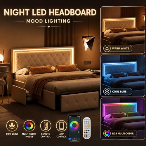 Miniatura 3 de Brilverde Cama Tapizada 160x200 Con Almacenamiento, Led, Cama Doble Con Cabecero Ajustable, Con 4 Cajones, Cama Juvenil Con Base De Láminas, Para Adultos, Pu Beige, 160 X 200 Cm
