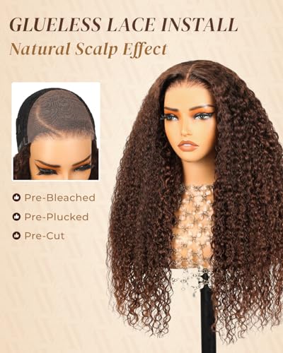 Image of Arabella Chocolate Brown Deep Wave Glueless Wigs Human Hair Pre Plucked Pre Cut 5x6 HD Lace 230% Density Bleached Knotes Colored Lace Frount Hair (26 Inch, Deep Curly Wig)