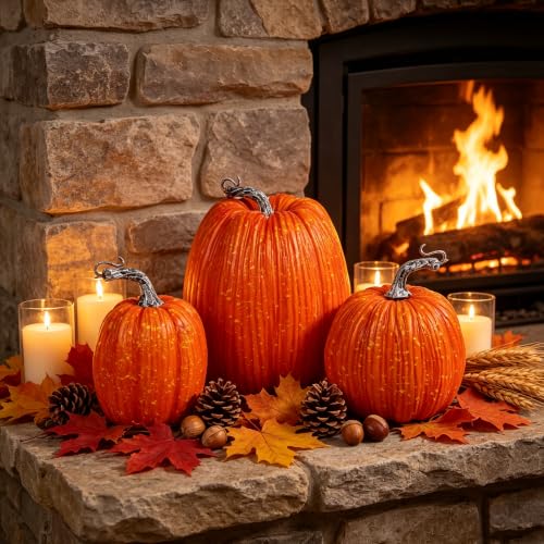 Image of winemana Artificial Pumpkins Fall Decor Orange Foam Pumpkin, 3 Pack | Assorted Sizes for Thanksgiving Table Centerpiece, Indoor Home Mantel Porch Autumn Harvest Decorations