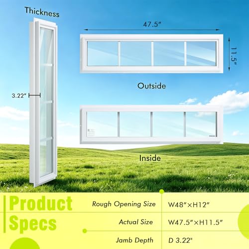 Vinyl Transom Window, 12" x 48" Double Pane Household Fixed Window and Tempered Glass for House, Picture Window (with Grild) by OTIIALOT - Image 2