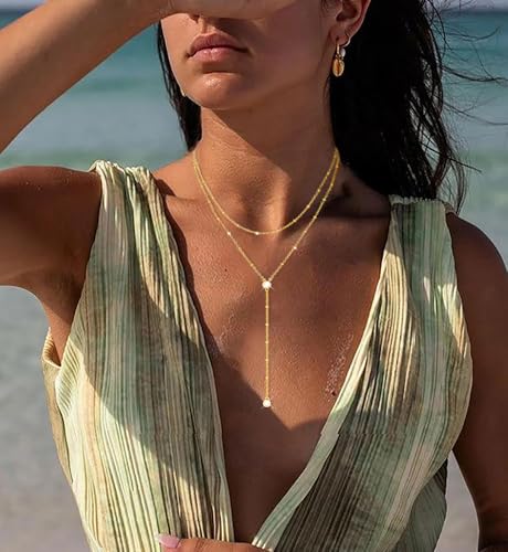 iF YOU Lariat Gold Long Necklaces for Women Trendy, Dainty 14K Gold Plated Drop Chain Necklace, Layered Rosary Beaded Y Necklaces Simple Fashion Jewelry Gifts2
