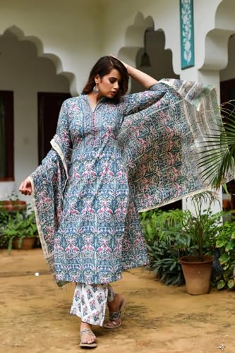 Image of Leriya Fashion Cotton Printed Kurta Sets for Woman | V Neck Festive Anarkali Suit for Women | Ethnic Kurta Set with Dupatta for Women | Wedding Kurti Set for Woman