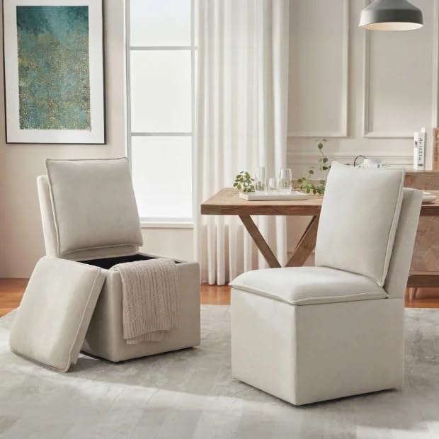 VKNOW Upholstered Dining Chairs Set of 2, Modern Rolling Chairs with Storage and Wheels, Linen Armless Chair with Cushion and Backrest, Dining Room Chairs for Living Room Kitchen Bedroom, Beige